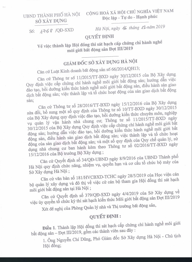 QUYẾT ĐỊNH ỦY QUYỀN THI SÁT HẠCH MÔI GIỚI BĐS – SỞ XÂY DỰNG HÀ NỘI NĂM 2020 1 QD uy quyen cua So XD Ha Noi nam 2019 0912167788