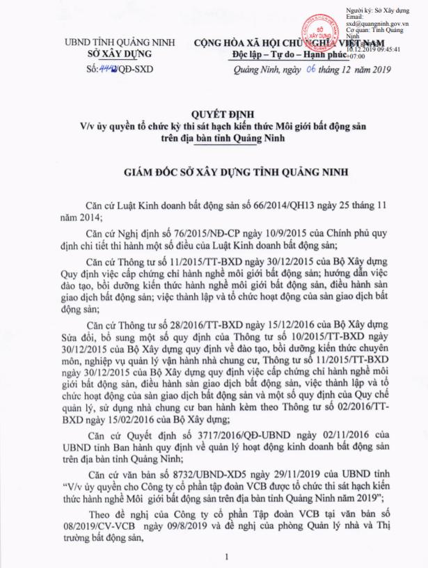 QUYẾT ĐỊNH ỦY QUYỀN THI SÁT HẠCH MÔI GIỚI BĐS – SỞ XÂY DỰNG TỈNH QUẢNG NINH NĂM 2020 1 Uy quyen QN 2020