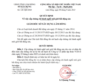 quyết định về cấp chứng chỉ hành nghề môi giới bất động sản